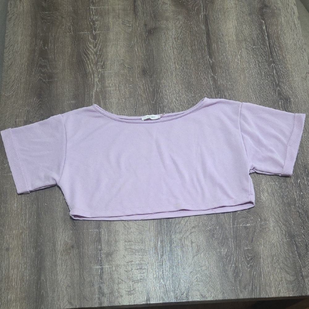 Idem Ditto Short Cuffed Sleeve Cropped Top Slouchy Yoga Terry Knit Lilac Medium